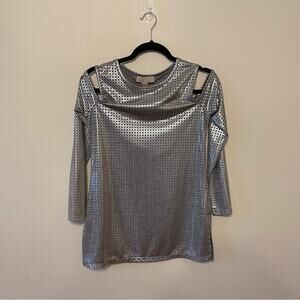 Michael Kors S long sleeve top silver metallic cold shoulder party festive shirt